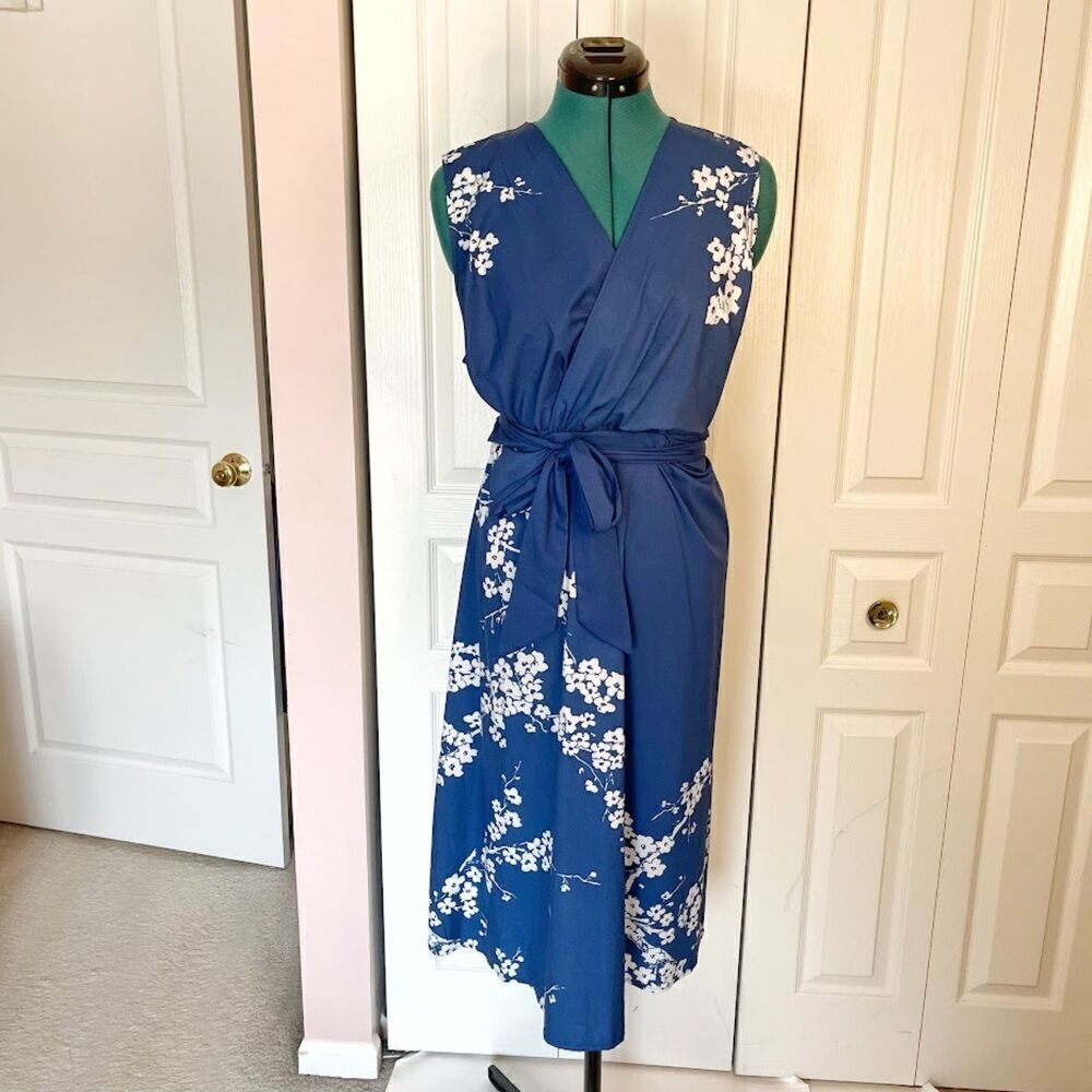 Amazon Cherry Blossom Floral Lightweight Sleeveless V Neck Belted A Line Dress